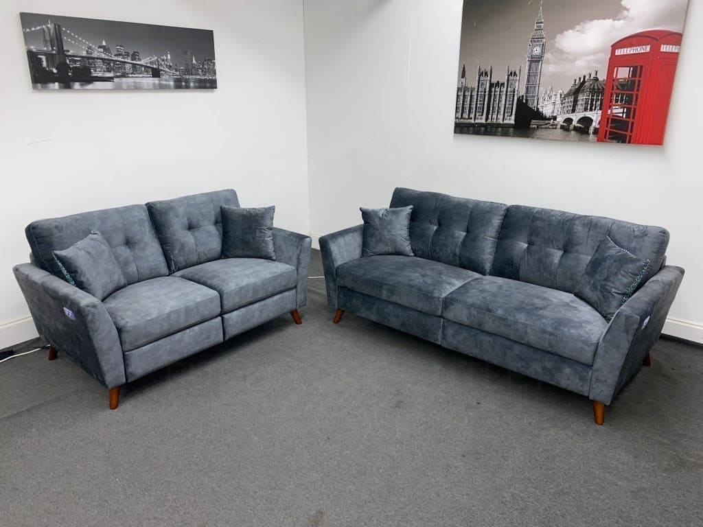 Studio French Connection Electric Recliner Grey Plush Velvet Fabric 3 Seater 2 & Armchair Sofa Set