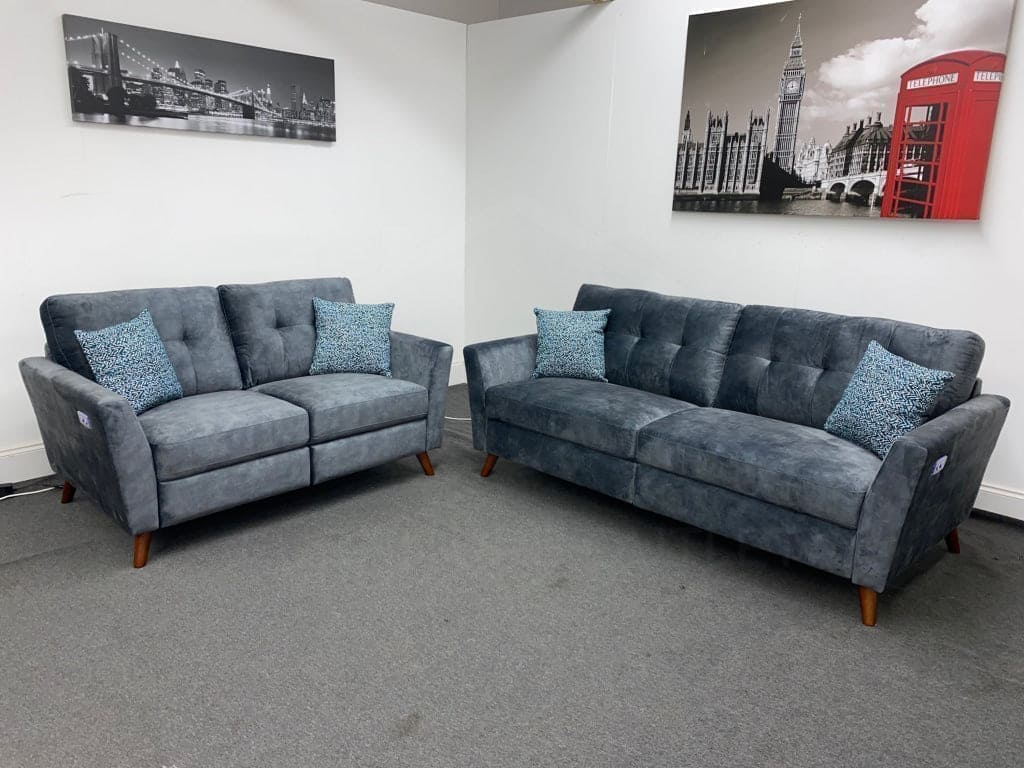 Studio French Connection Electric Recliner Grey Plush Velvet Fabric 3 Seater 2 & Armchair Sofa Set