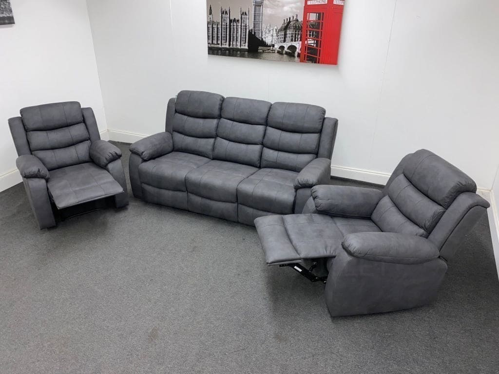 Willow Grey Fabric 3 Seater Sofa + Recliner Armchairs Set Sofas