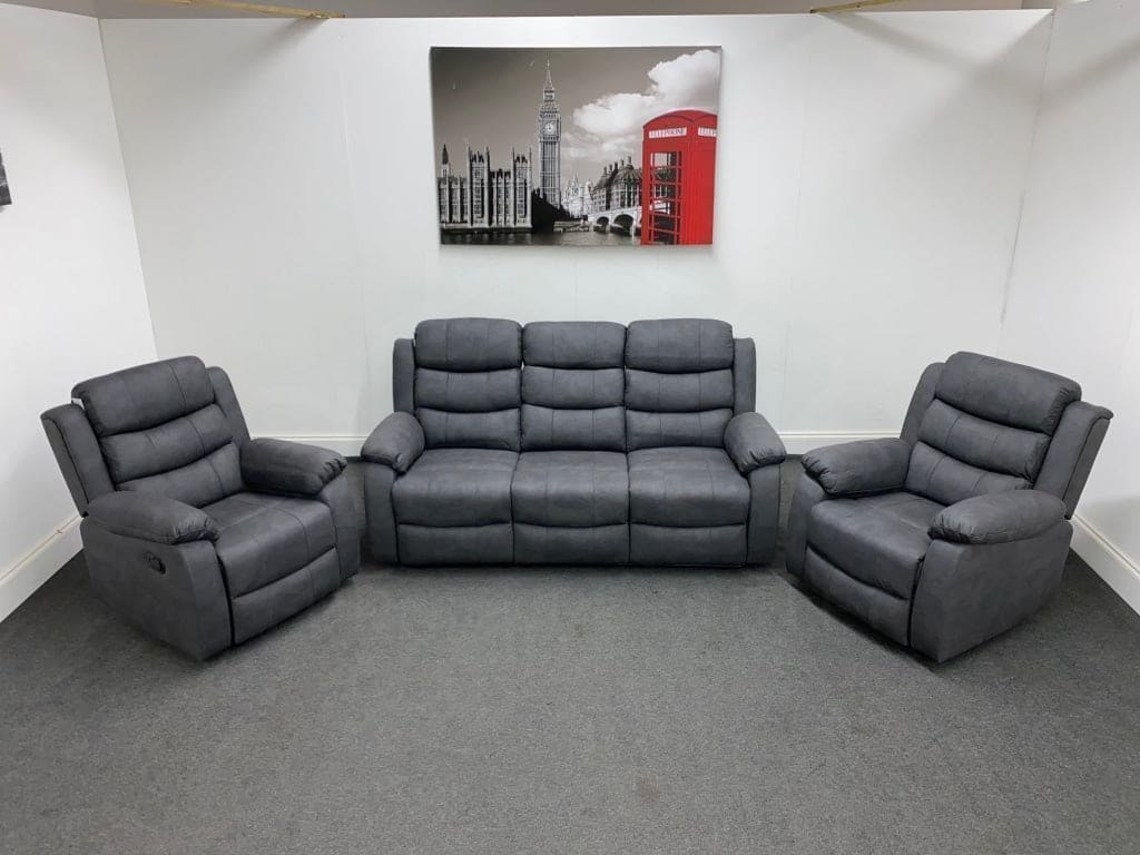 Willow Grey Fabric 3 Seater Sofa + Recliner Armchairs Set Sofas
