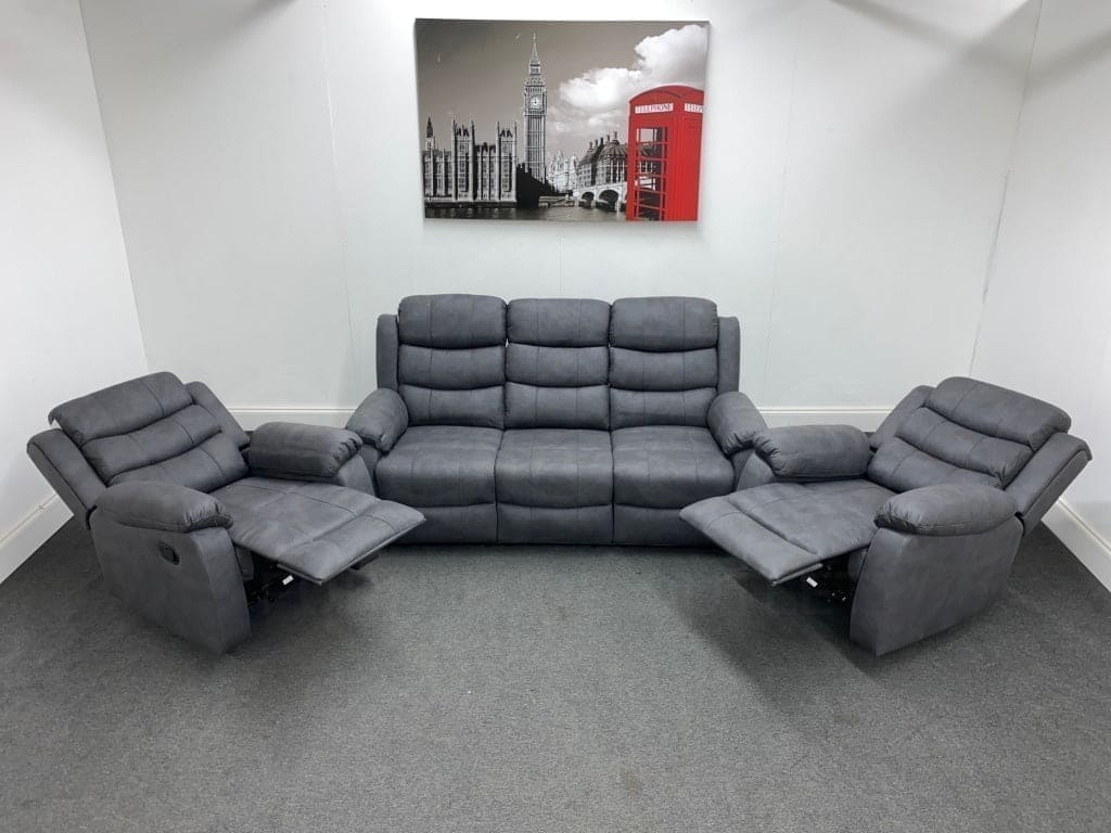 Willow Grey Fabric 3 Seater Sofa + Recliner Armchairs Set Sofas
