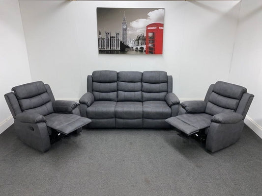 Willow Grey Fabric 3 Seater Sofa + Recliner Armchairs Set Sofas