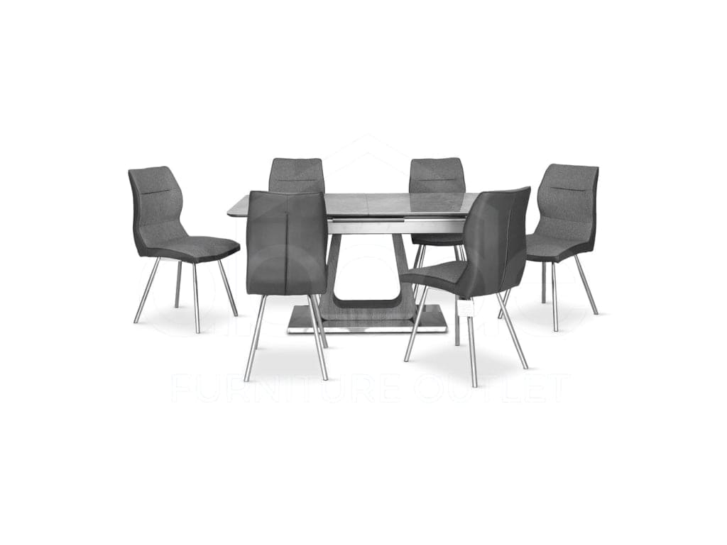This Whole Dining Set - Geneva Grey Ceramic Extending Table + 6 Chairs Leather / Fabric Dining