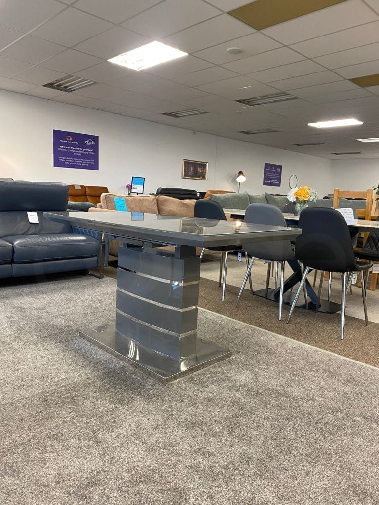 This Whole Dining Set - Grey Extending Glass Top Table + 6 Leather Chairs Dining Table And Chairs