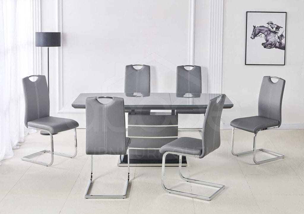 This Whole Dining Set - Grey Extending Glass Top Table + 6 Leather Chairs Dining Table And Chairs
