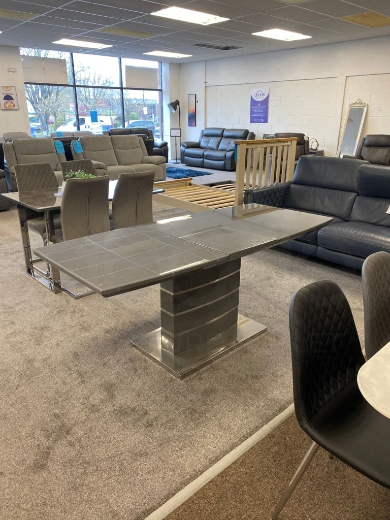 This Whole Dining Set - Grey Extending Glass Top Table + 6 Leather Chairs Dining Table And Chairs