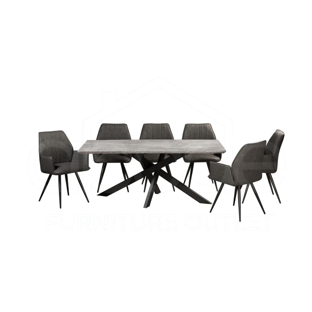 This Whole Dining Set - Grigio Bulgaria Grey Ceramic Table & Orissa Leather Chairs Dining Table And