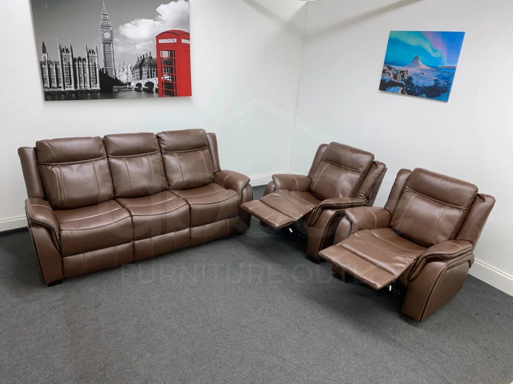 Vinson Brown Leather 3 Seater + 2 Recliner Armchairs Sofa Set Sofas
