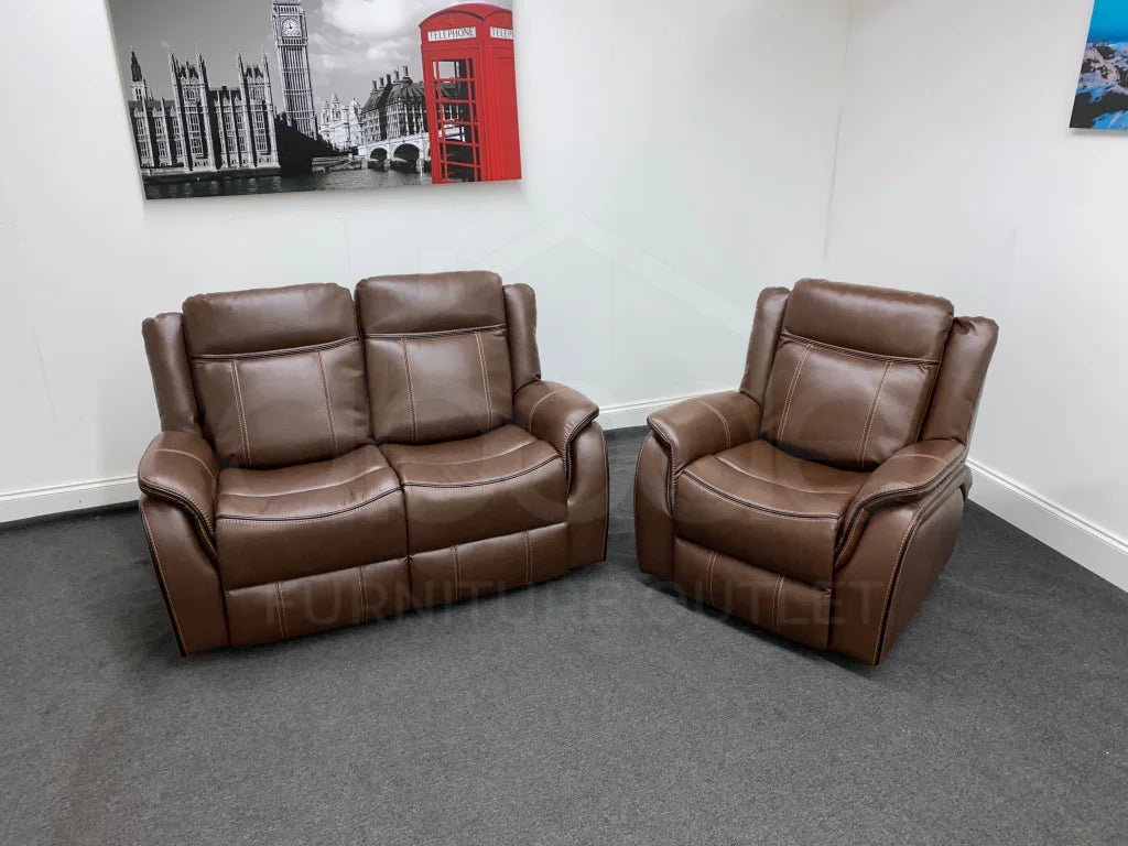 Vinson Brown Leather Recliner 2 Seater + Armchair Sofa Set Sofas