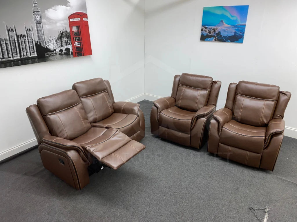 Vinson Brown Leather Recliner 2 Seater + Armchairs Sofa Set Sofas