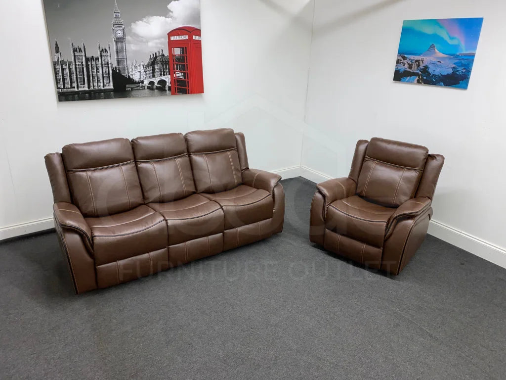Vinson Brown Leather Recliner 3 Seater + Armchair Sofa Set Sofas
