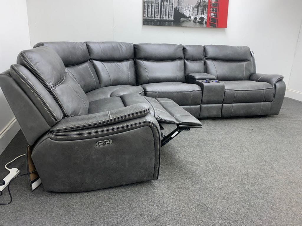 Vinson Express Smart Tech Electric Recliner Grey Fabric Corner Sofa Sofas