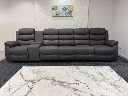 Willow Grey Easy Clean Fabric 5 Seater Sofa With Drinks Console | Fold Down Tray Table, High Headrest & Seating Position Couch
