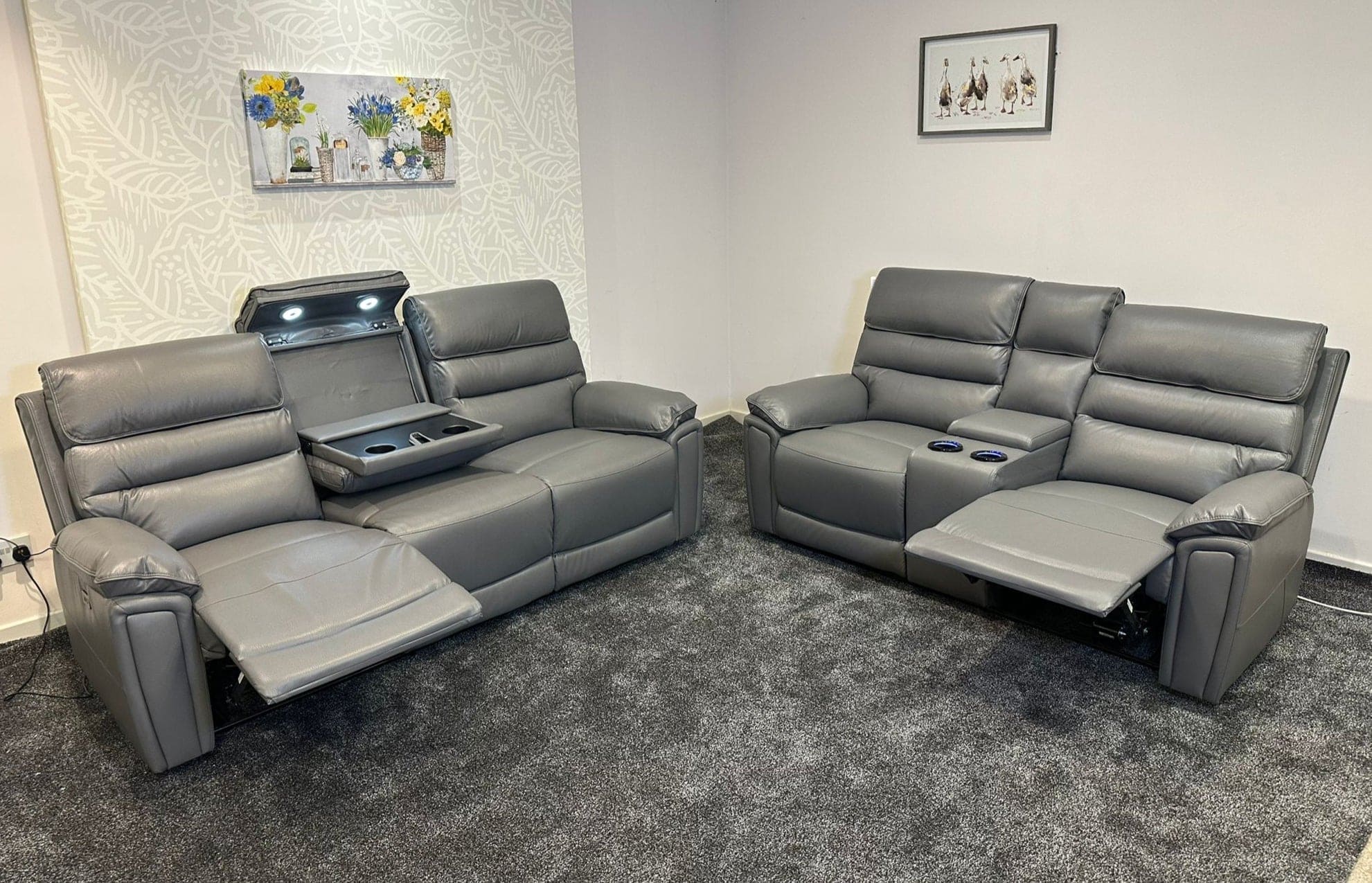 Donald Grey Leather Electric / Power Reclining 3 Seater + 2 Seater Sofa Suite Set With Drinks Coolers USB Charging Ports & Drop Down Tray Table