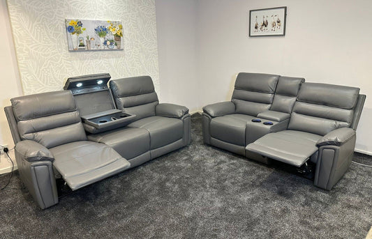Donald Grey Leather Electric / Power Reclining 3 Seater + 2 Seater Sofa Suite Set With Drinks Coolers USB Charging Ports & Drop Down Tray Table