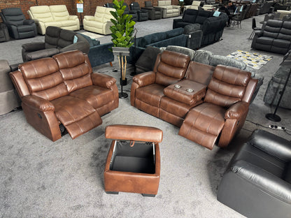 Lando Brown Leather 3 Seater + 2 Seater + Storage Footstool Reclining Sofa Set | Drinks Tray Table | High Backrests | 2 Stage Reclining | Couch |