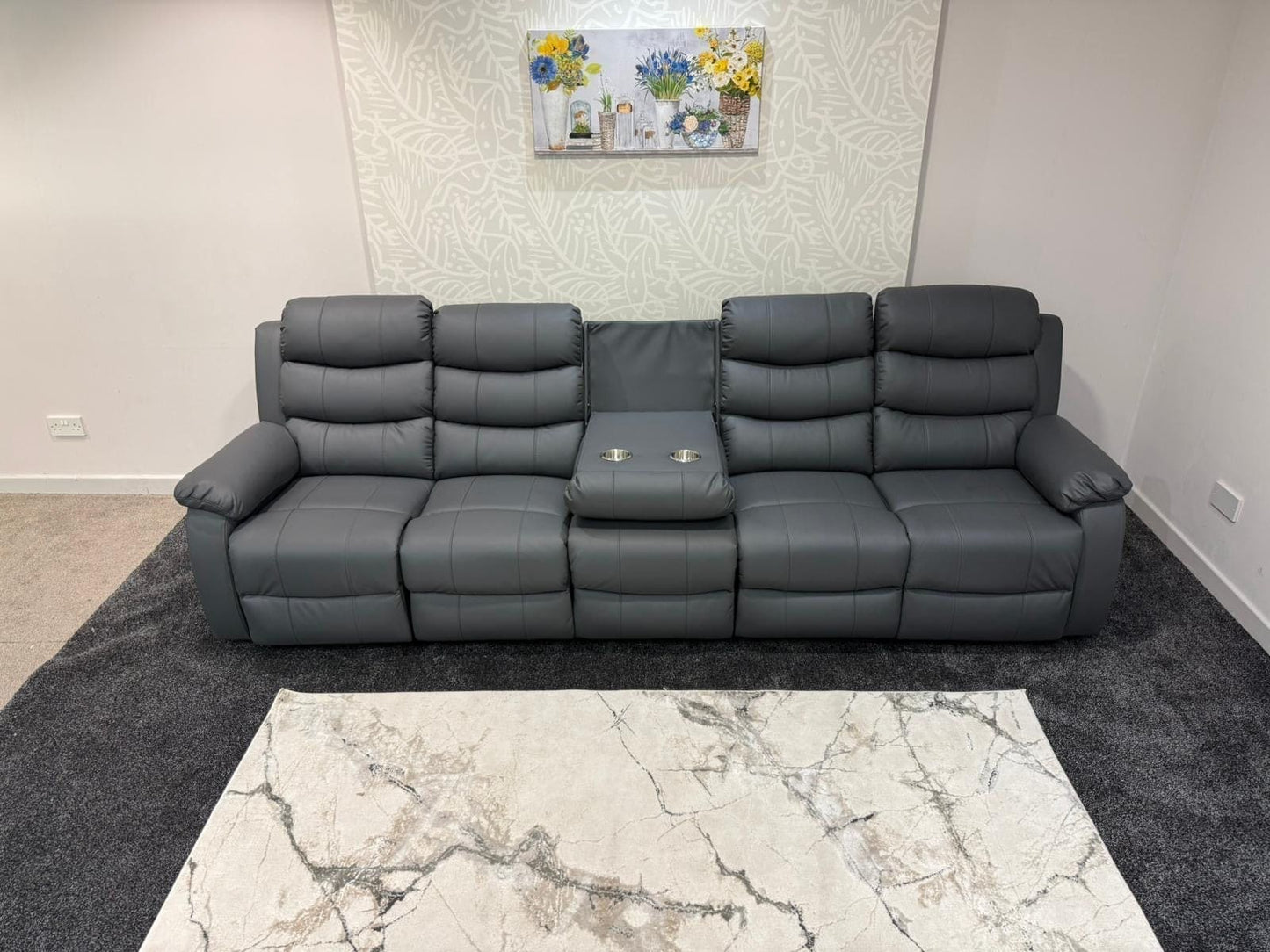 Lando Grey Leather 5 Seater Sofa | Fold Down Tray Table, High Headrest & Seating Position Couch