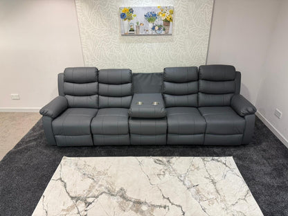 Lando Grey Leather 5 Seater Sofa | Fold Down Tray Table, High Headrest & Seating Position Couch