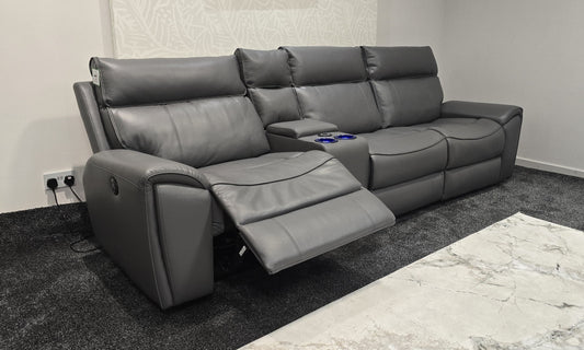 "Ronan" Reversible Cinema 5 Seater Sofa In Milano Grey Leather & With Electric Recliners, Drinks Coolers, Wireless Charging & Storage. Laf + Raf + Armless Tech Console
