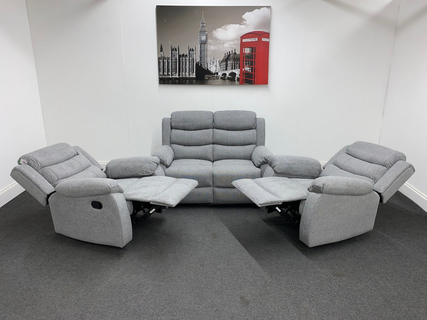 ‘Lewson’ Grey Fleck Fabric Recliner 2 + 1 + 1 Seater Sofa & Armchair Suite Set | Couch |
