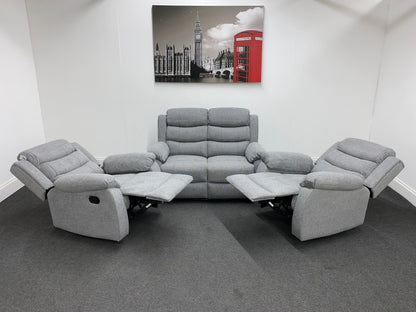 ‘Lewson’ Grey Fleck Fabric Recliner 2 + 1 + 1 Seater Sofa & Armchair Suite Set | Couch |