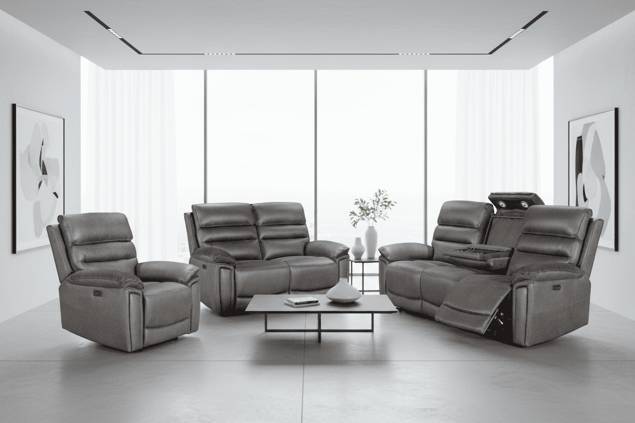 DFS Lawson Grey Easy Clean Fabric Electric Reclining Sofa Range Suite Set With USB Charging Ports & Drop Down Tray Table