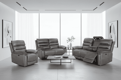 DFS Lawson Grey Easy Clean Fabric Electric Reclining Sofa Range Suite Set With USB Charging Ports & Drop Down Tray Table