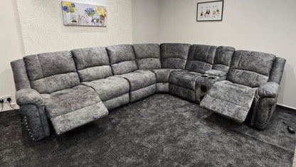 GALAXY Grey Plush Velvet Fabric Electric Reclining 3C2C Corner Sofa, Drinks Coolers & USB Ports