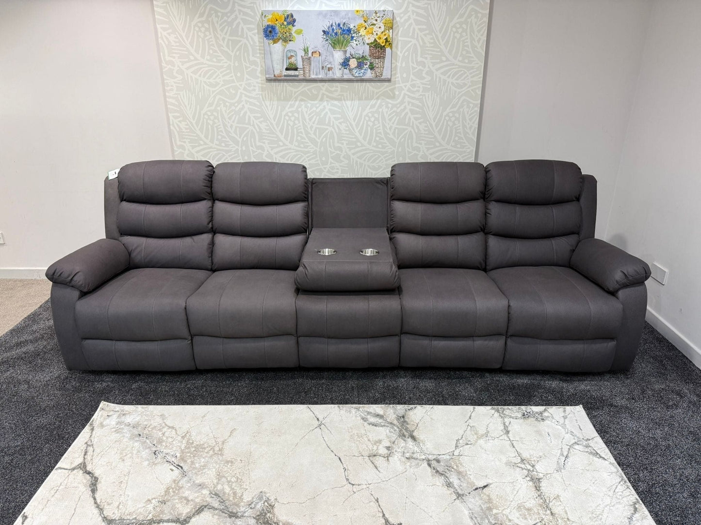 Willow Grey Easy Clean Fabric 5 Seater Sofa | 2 x Fold Down Tray Table, High Headrest & Seating Position Couch