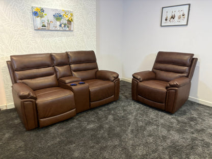 Donald Brown Leather Electric / Power Reclining Sofa Range Suite Set With USB Charging Ports & Drop Down Tray Table