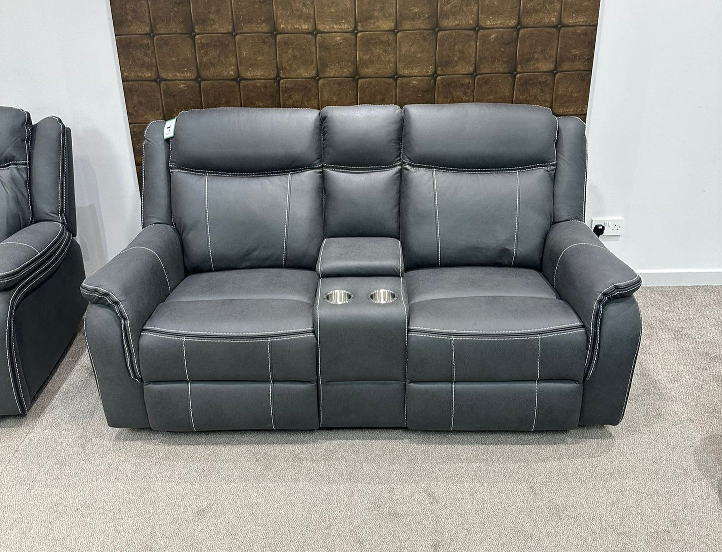 " Mason " Grey Microfibre Fabric 2 Seater With Drinks Console Electric / Power Recliner Sofa Suite + USB Ports