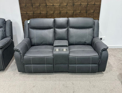 " Mason " Grey Microfibre Fabric 2 Seater With Drinks Console Electric / Power Recliner Sofa Suite + USB Ports