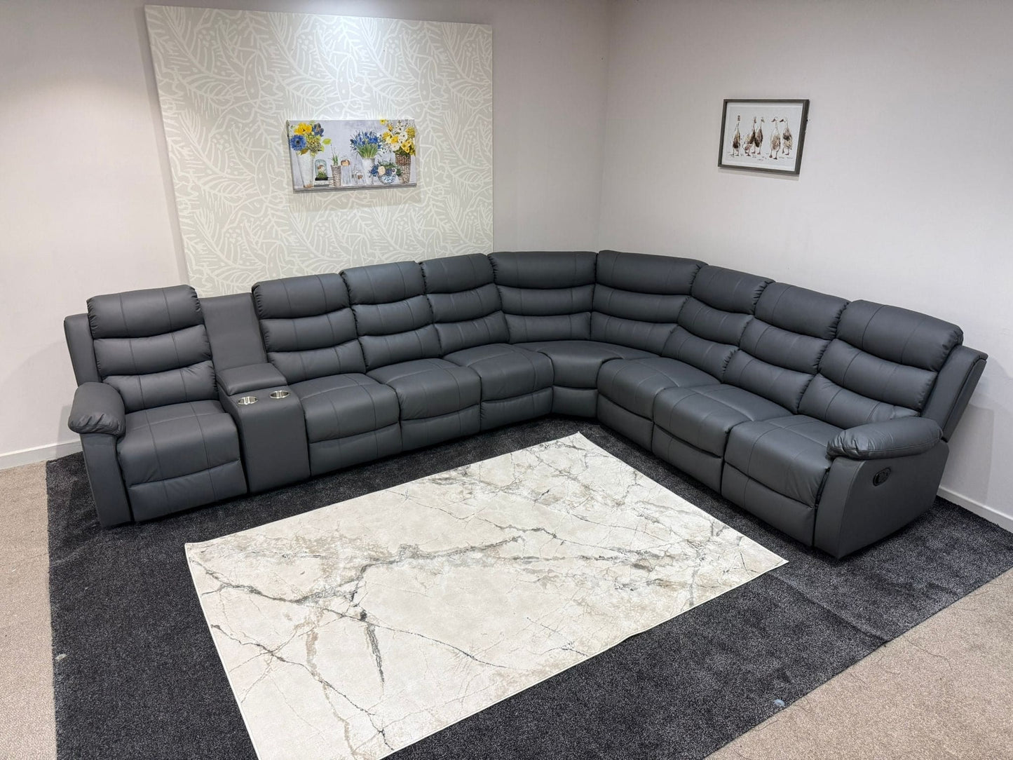 "Lando" Grey Leather 4C3C Recliner Corner Sofa Reversible | 2 x Drinks Tray Table | Modular