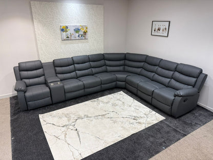 "Lando" Grey Leather 4C3C Recliner Corner Sofa Reversible | 2 x Drinks Tray Table | Modular