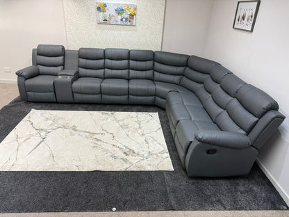 "Lando" Grey Leather 4C3C Recliner Corner Sofa Reversible | 2 x Drinks Tray Table | Modular