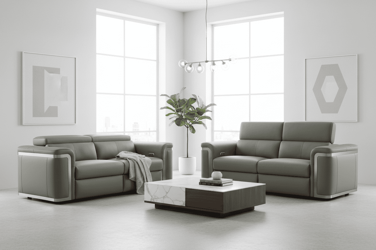 Plaza Top Grain Grey Leather Power Recliner Sofa Range with Adjustable Headrests