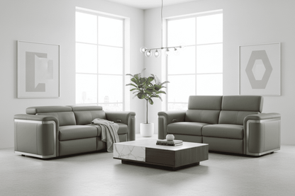 Plaza Top Grain Grey Leather Power Recliner Sofa Range with Adjustable Headrests