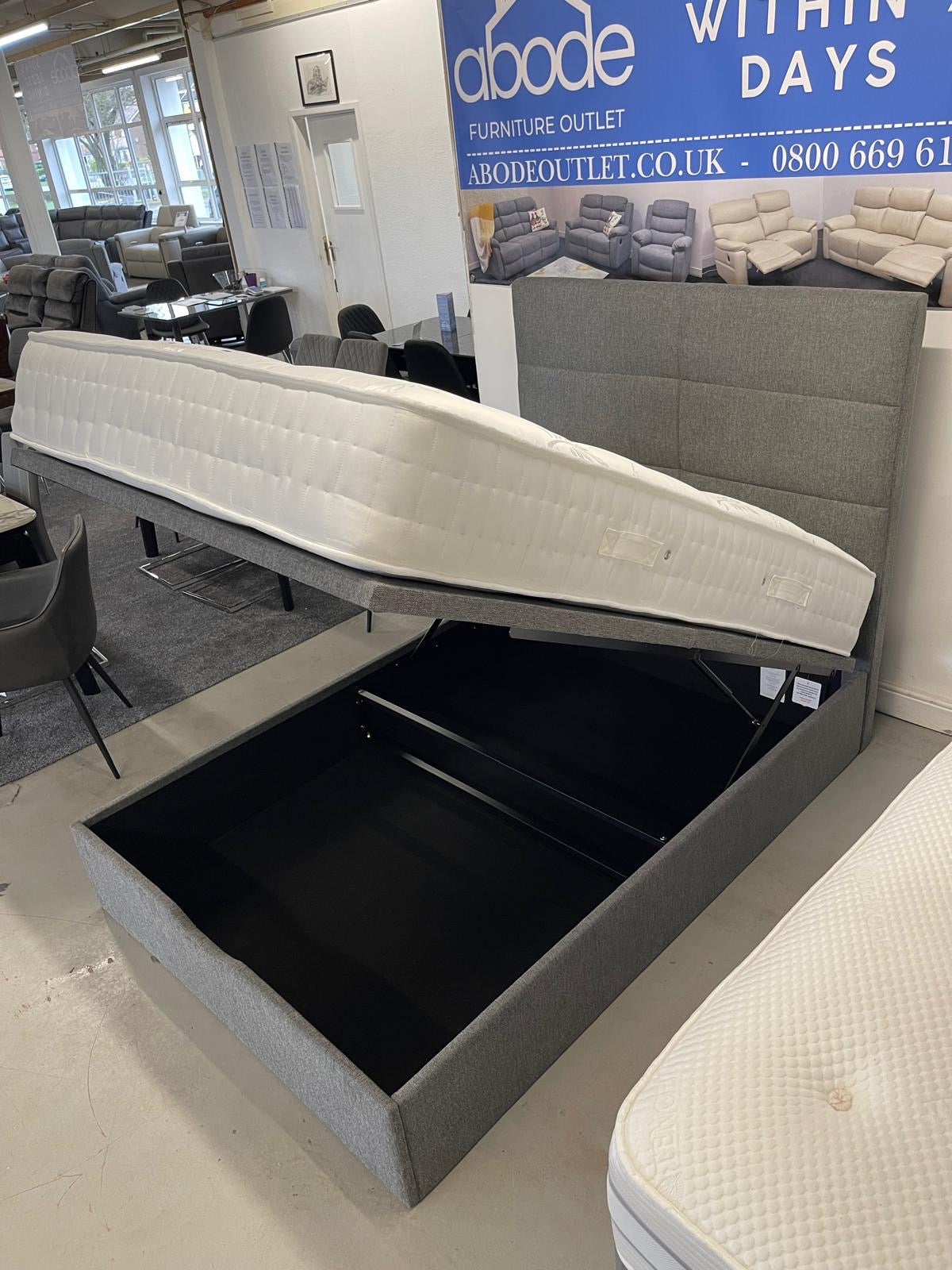'Indulgence' Grey Fabric Ottoman Bed Frame & Firm Mattress Package - Available In 4'6ft Double or 5ft King