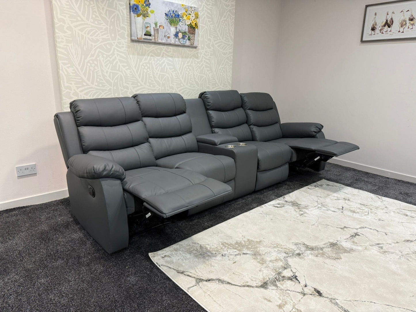 Lando Grey Leather 4 Seater Sofa With Drinks Console | Fold Down Tray Table, High Headrest & Seating Position Couch