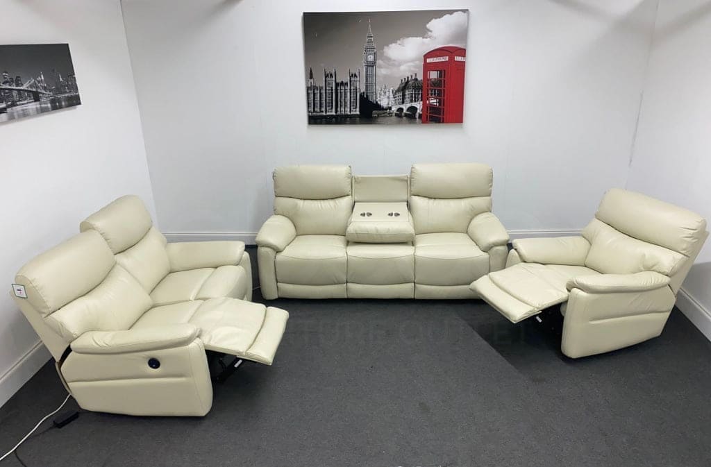 DFS Ivory / Cream Milano Leather Electric Reclining 3 Seater + 2 Seater Sofa + Armchair Suite Set | Drop Down Drinks Tray Table | 2 Stage Recline Feature | USB Device Charging Ports | Couch |
