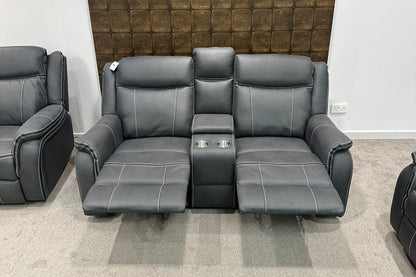 " Mason " Grey Microfibre Fabric 2 Seater With Drinks Console Electric / Power Recliner Sofa Suite + USB Ports