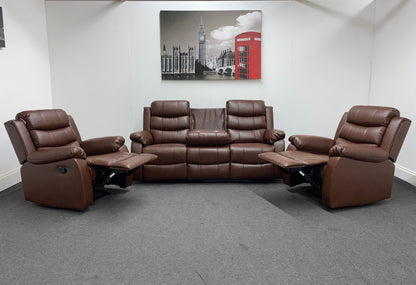 Lando Recliner Brown Leather 3 + 1 + 1 Seater Sofa (Couch) Set With Drop Down Drinks Table & 2 Stage Recliner Motion