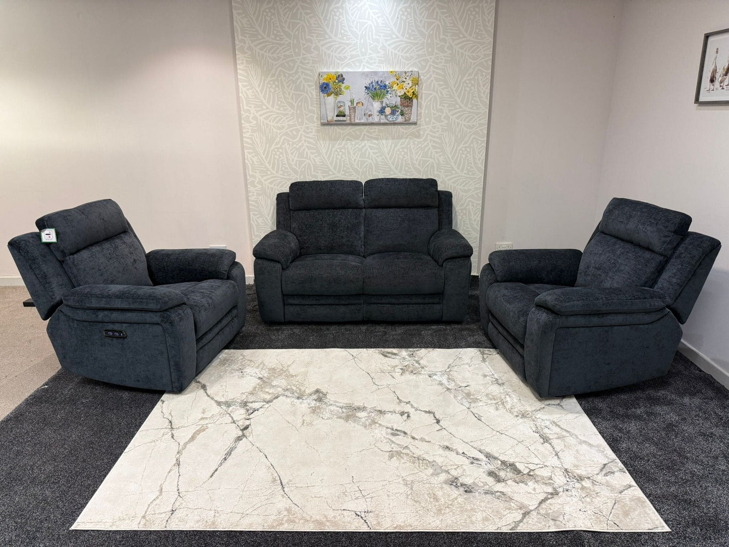 "Barre" Electric / Power Reclining Grey Fabric 2 Seater Sofa + 2 Armchairs Sofa Set - USB Charging Ports