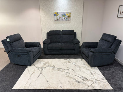 "Barre" Electric / Power Reclining Grey Fabric 2 Seater Sofa + 2 Armchairs Sofa Set - USB Charging Ports