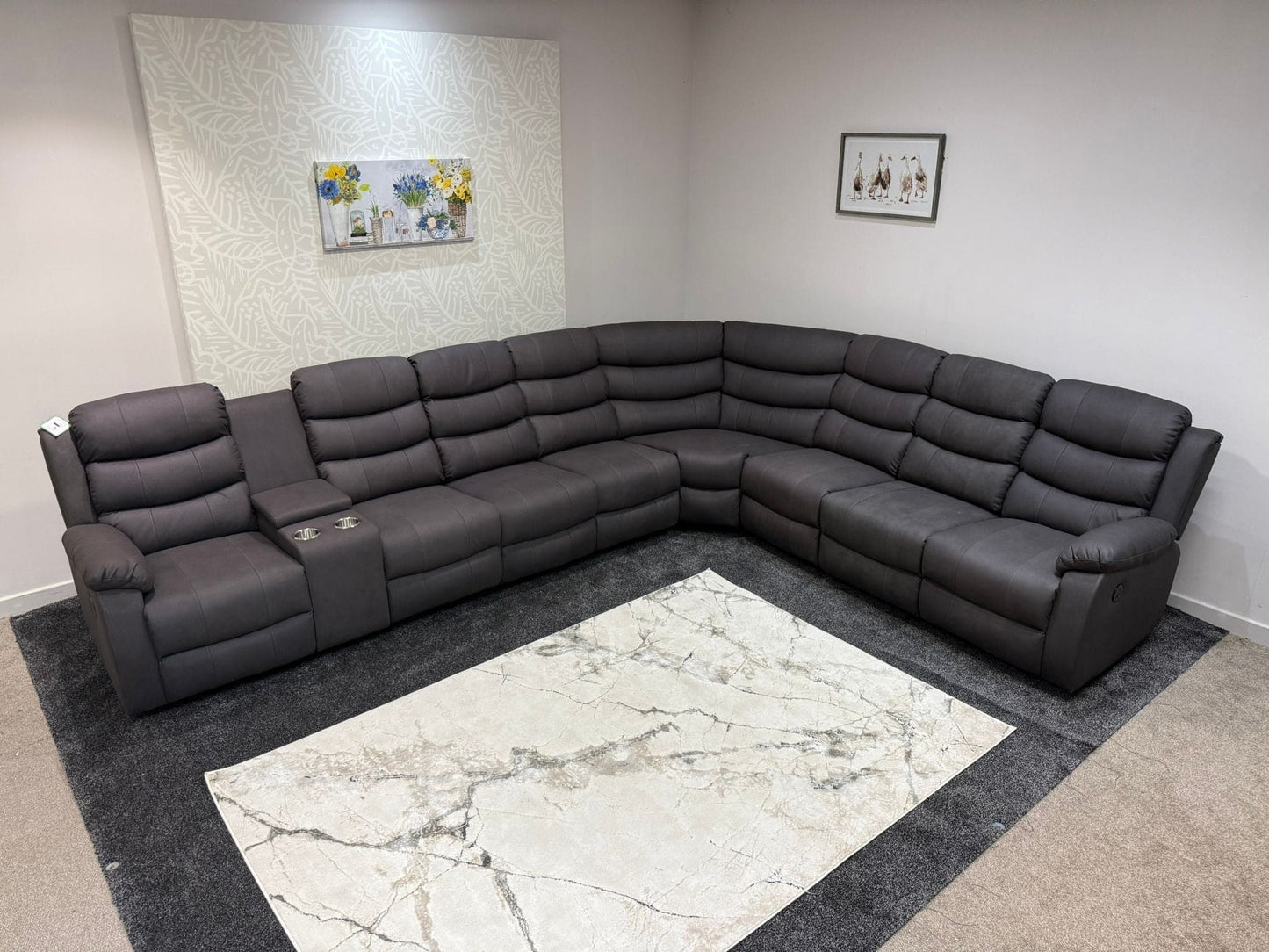 "Willow" Dark Grey Fabric 4C3C Recliner Corner Sofa | Drinks Tray Table | Easy Clean Fabric | Modular