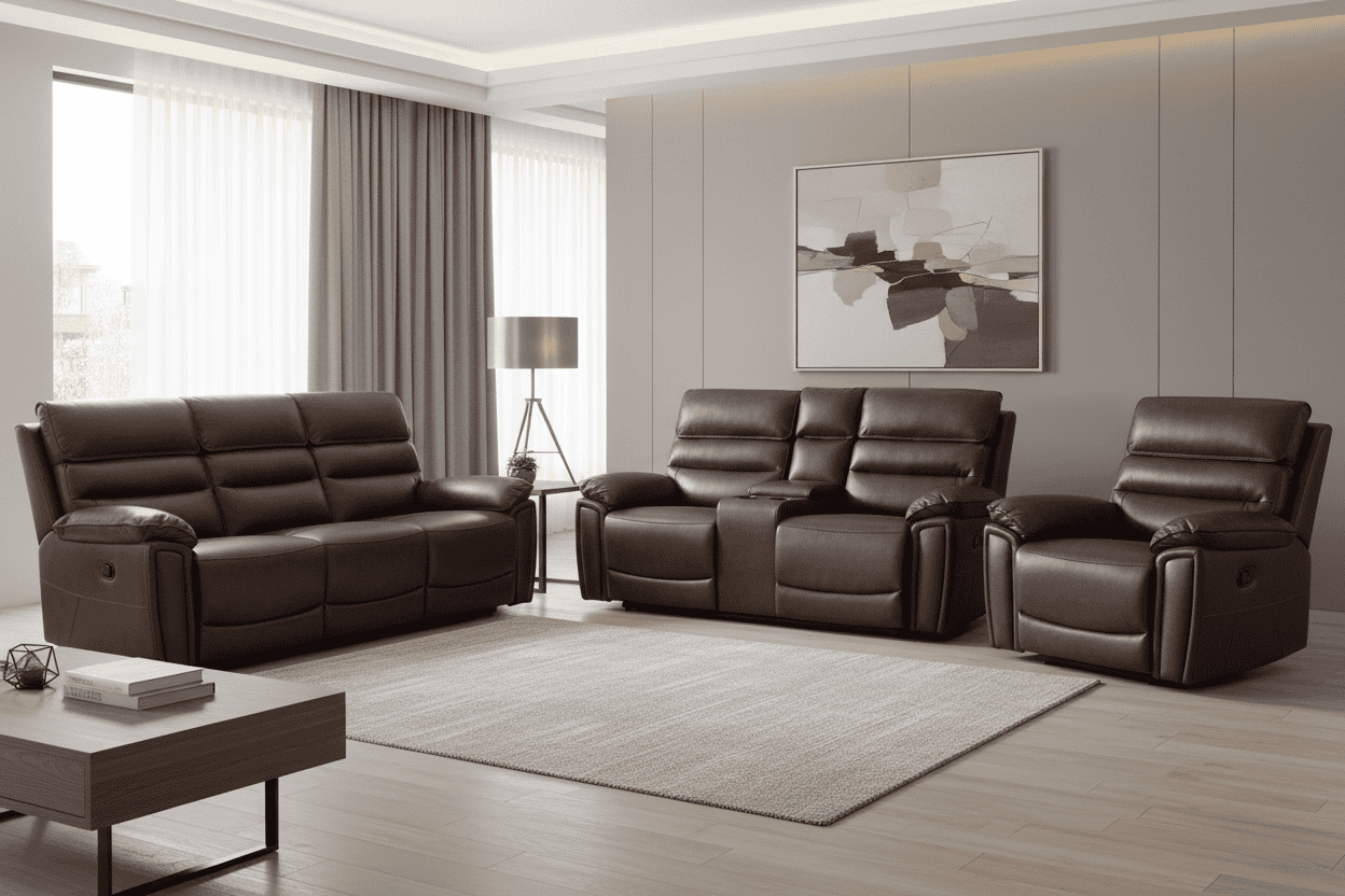 BUNDLE DEAL! Calisese Brown Leather Electric Reclining 3 Seater + 2 Seater With Drinks Console + Armchair Sofa Range Suite Set With USB Charging Ports & Drop Down Tray Table