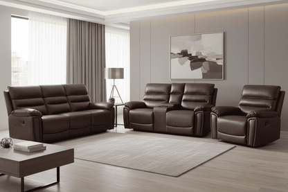 BUNDLE DEAL! Calisese Brown Leather Electric Reclining 3 Seater + 2 Seater With Drinks Console + Armchair Sofa Range Suite Set With USB Charging Ports & Drop Down Tray Table