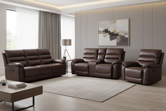 BUNDLE DEAL! Calisese Brown Leather Electric Reclining 3 Seater + 2 Seater With Drinks Console + Armchair Sofa Range Suite Set With USB Charging Ports & Drop Down Tray Table