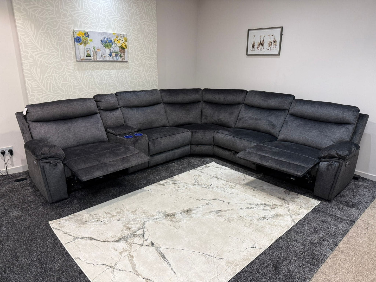 "Xavier" Grey Plush Fabric Power Recliner Corner Sofa With USB Charging Ports, Drinks Cooling Cup Holders Plus Many More Modern Features