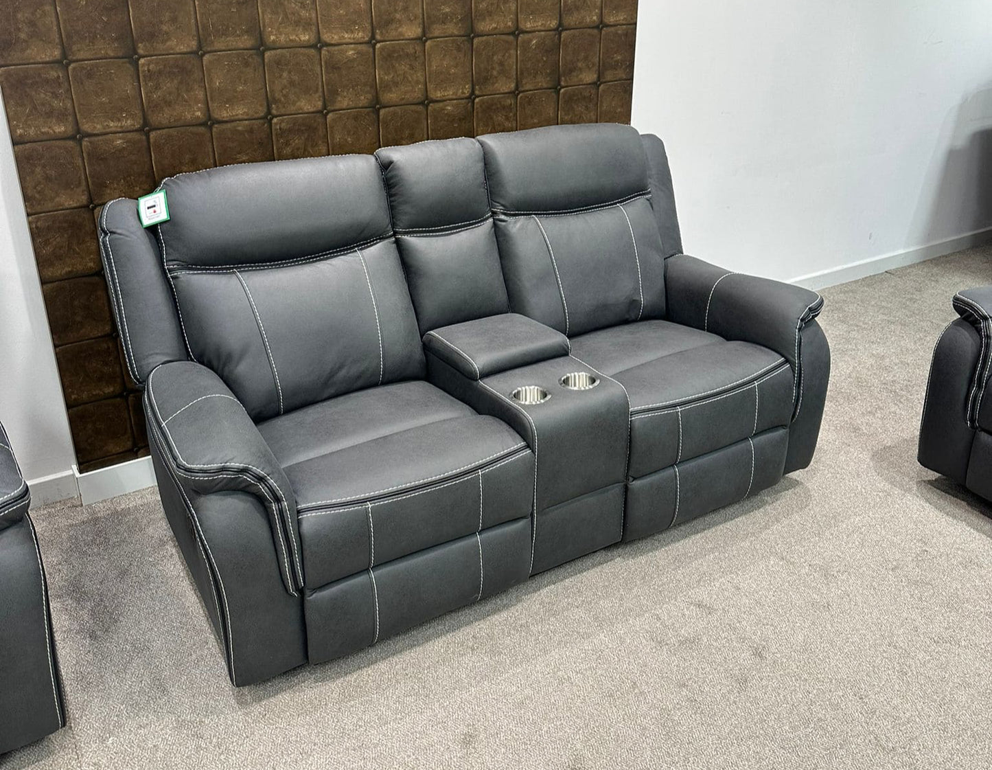 " Mason " Grey Microfibre Fabric 2 Seater With Drinks Console Electric / Power Recliner Sofa Suite + USB Ports
